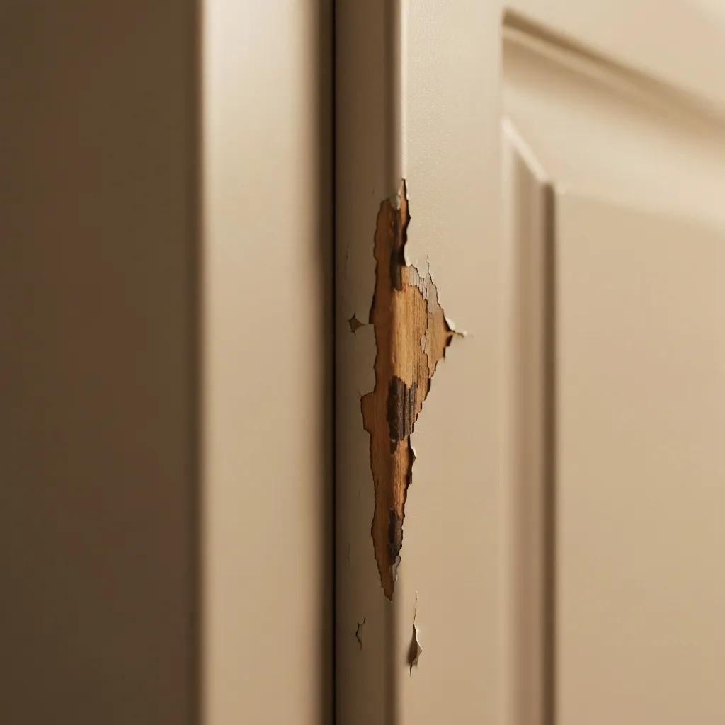 Close-up of a cabinet door with peeling laminate and surface dents indicating wear