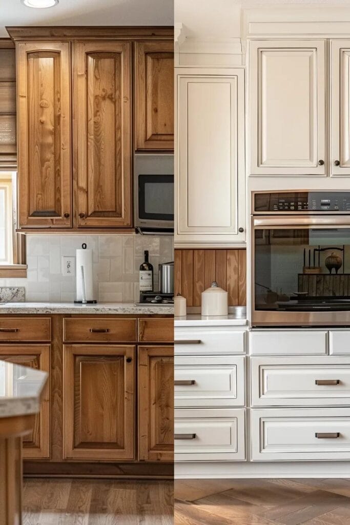 A visual comparison showing refaced kitchen cabinets next to newly replaced kitchen cabinets, highlighting the differences.