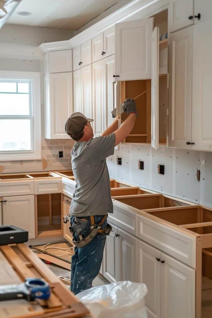 A professional contractor carefully installing new kitchen cabinets as part of a complete renovation.