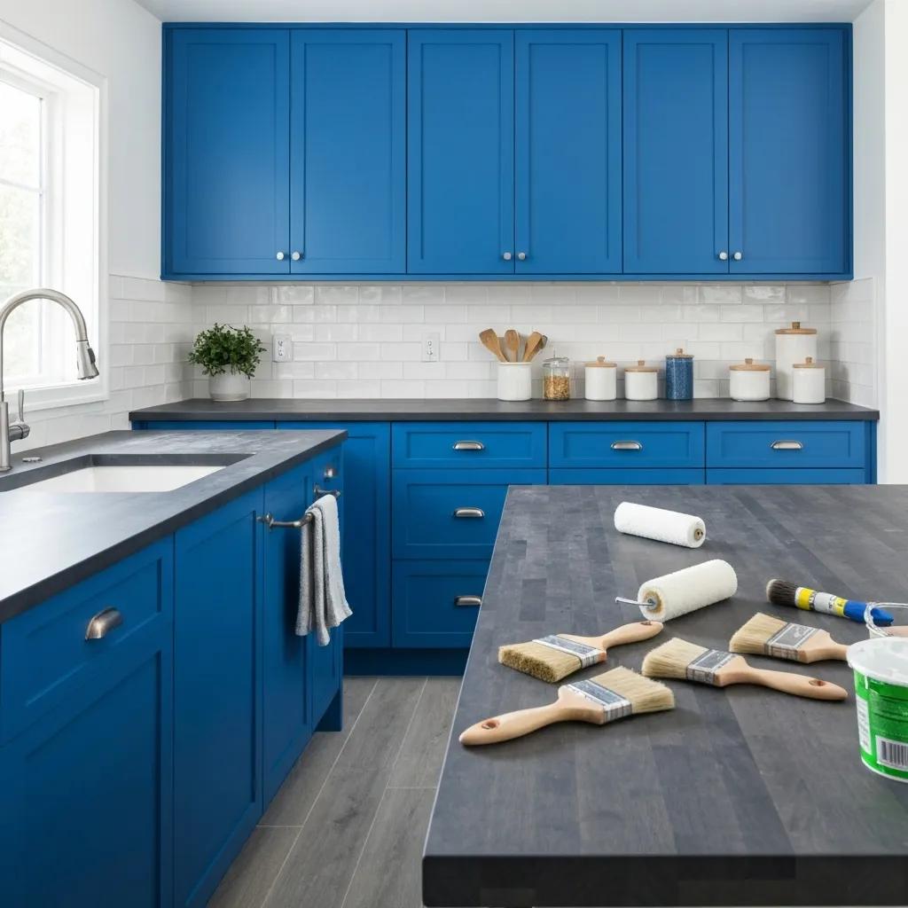 Vibrant kitchen with freshly painted cabinets and painting tools
