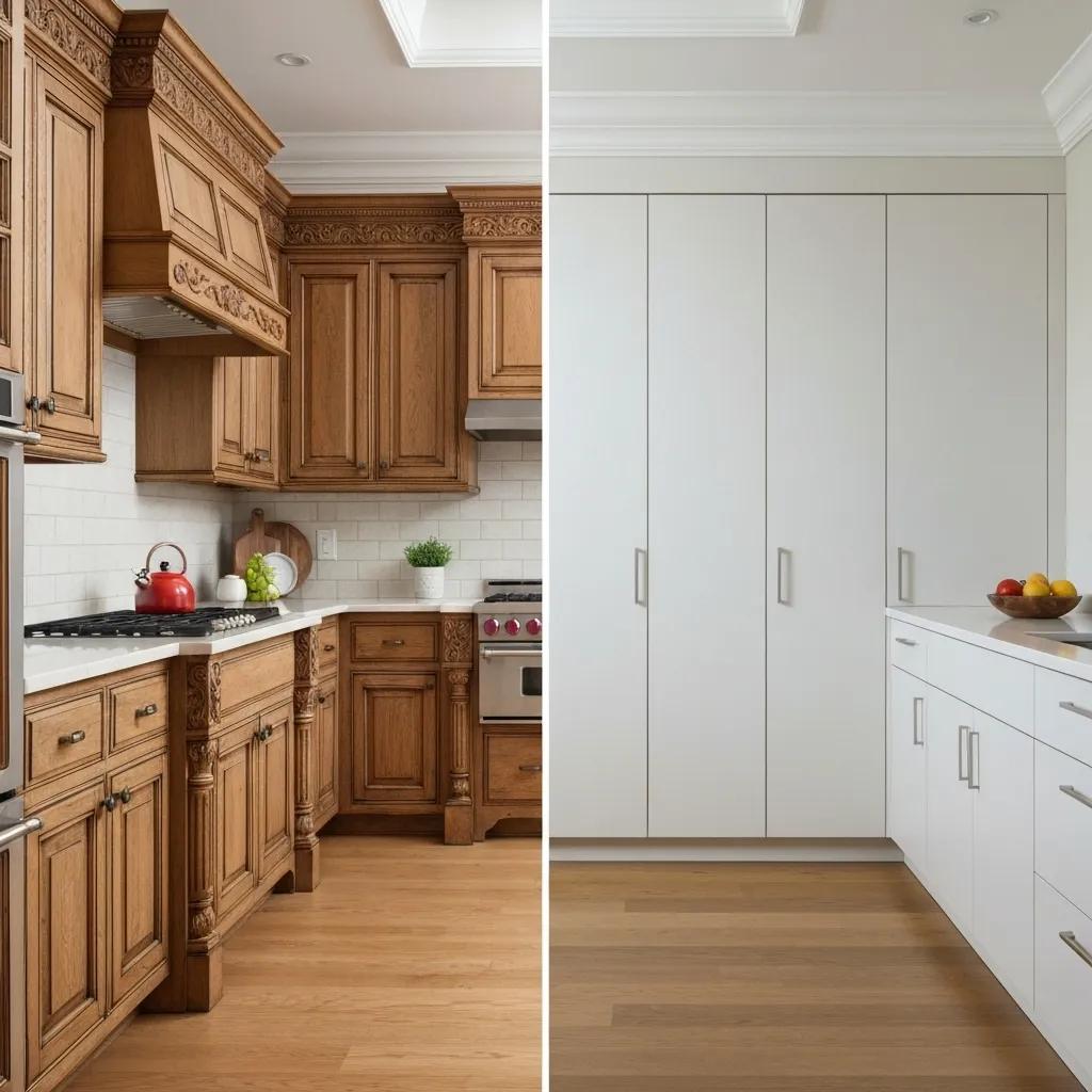 Comparison of outdated cabinet styles and modern kitchen design highlighting refacing benefits