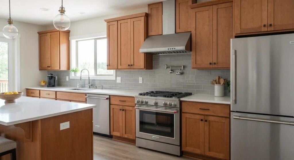 Stylish kitchen featuring a variety of cabinet colors including sage green and navy blue, showcasing modern design elements