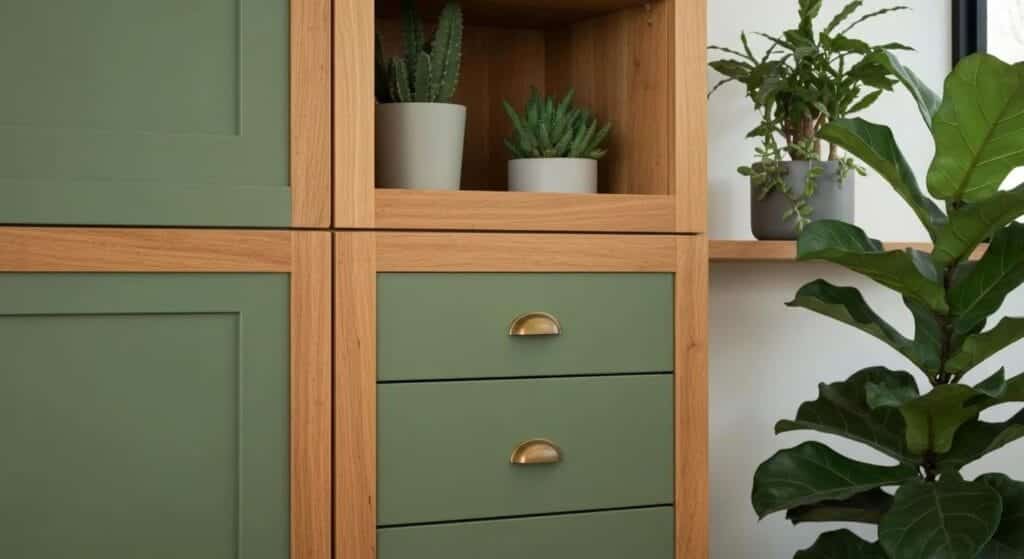 Close-up of kitchen cabinets in earthy green shades like sage and olive, complemented by natural wood accents and plants