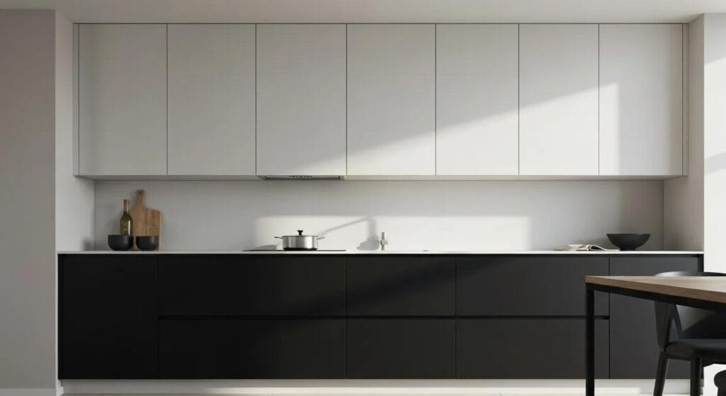 Modern kitchen showcasing two-tone cabinets with light upper and dark lower sections, emphasizing contrast and style