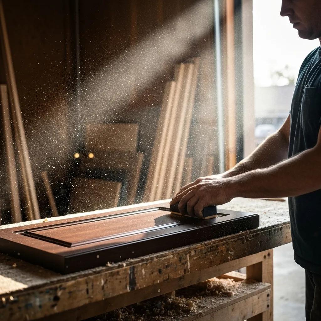 A person carefully sanding a cabinet door on a workbench using a sanding block
