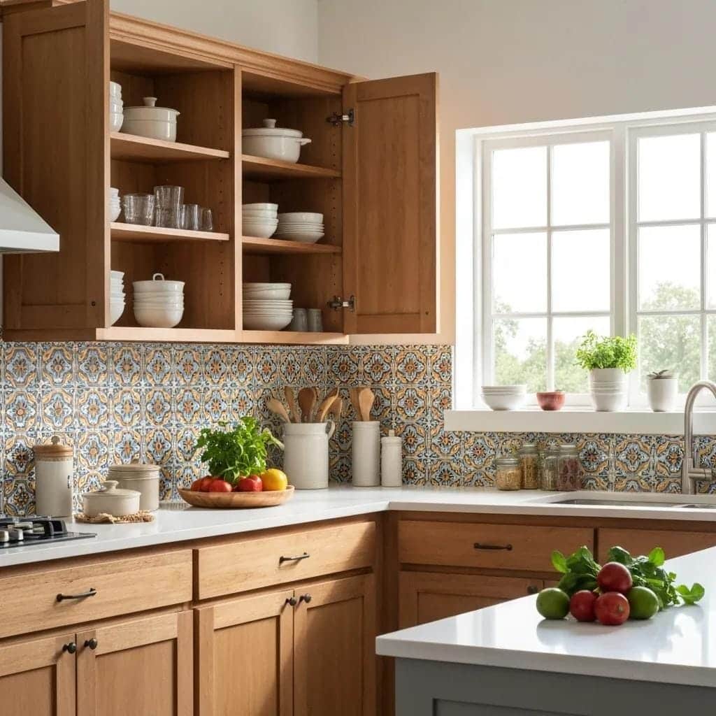 Well-maintained kitchen cabinets showcasing organized kitchenware in a bright, inviting kitchen