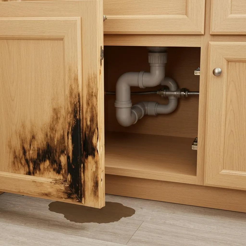 Close-up of kitchen cabinet under sink showing swollen panels and dark discoloration due to water damage