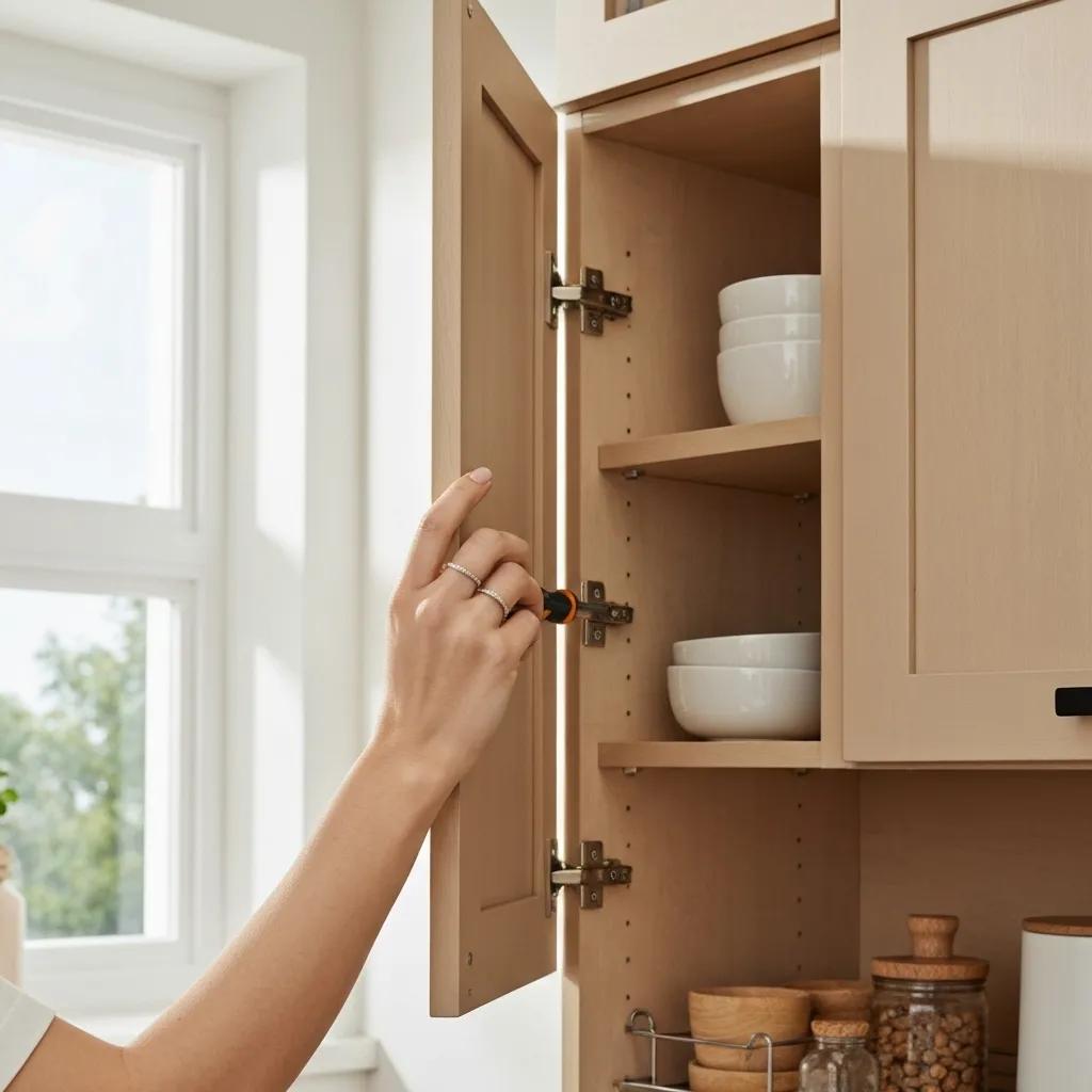 Hand inspecting cabinet hinges and handles with a screwdriver in a well-lit kitchen environment